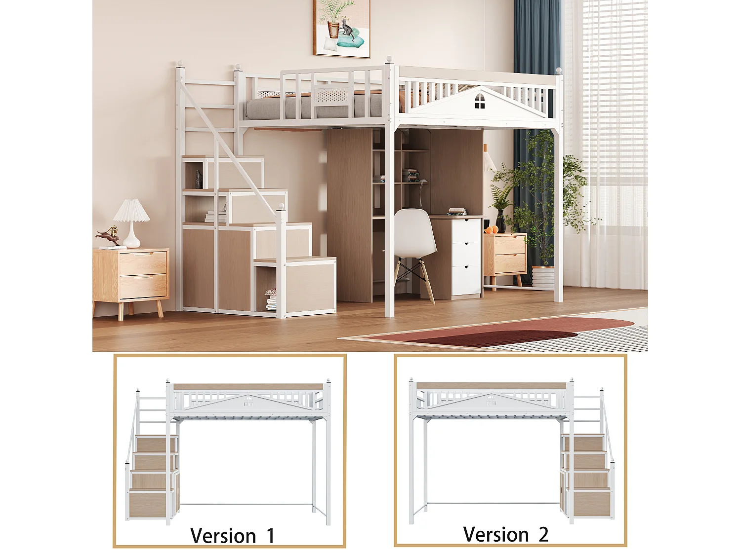 Metall-Hochbett 140x200 cm - mit Aufstiegsleiter mit Stauraum - Weiß (Matratze nicht inbegriffen)