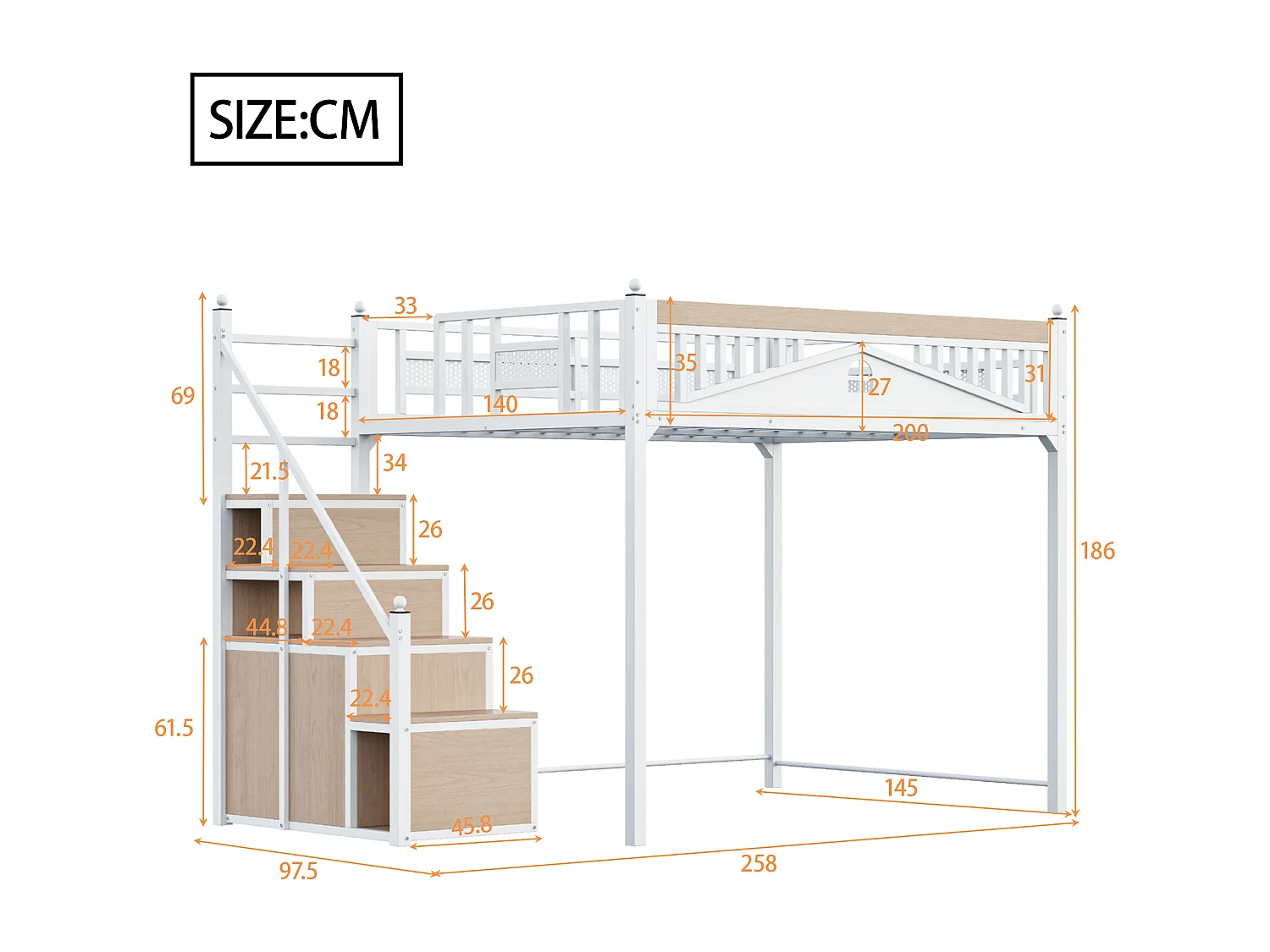 Metall-Hochbett 140x200 cm - mit Aufstiegsleiter mit Stauraum - Weiß (Matratze nicht inbegriffen)