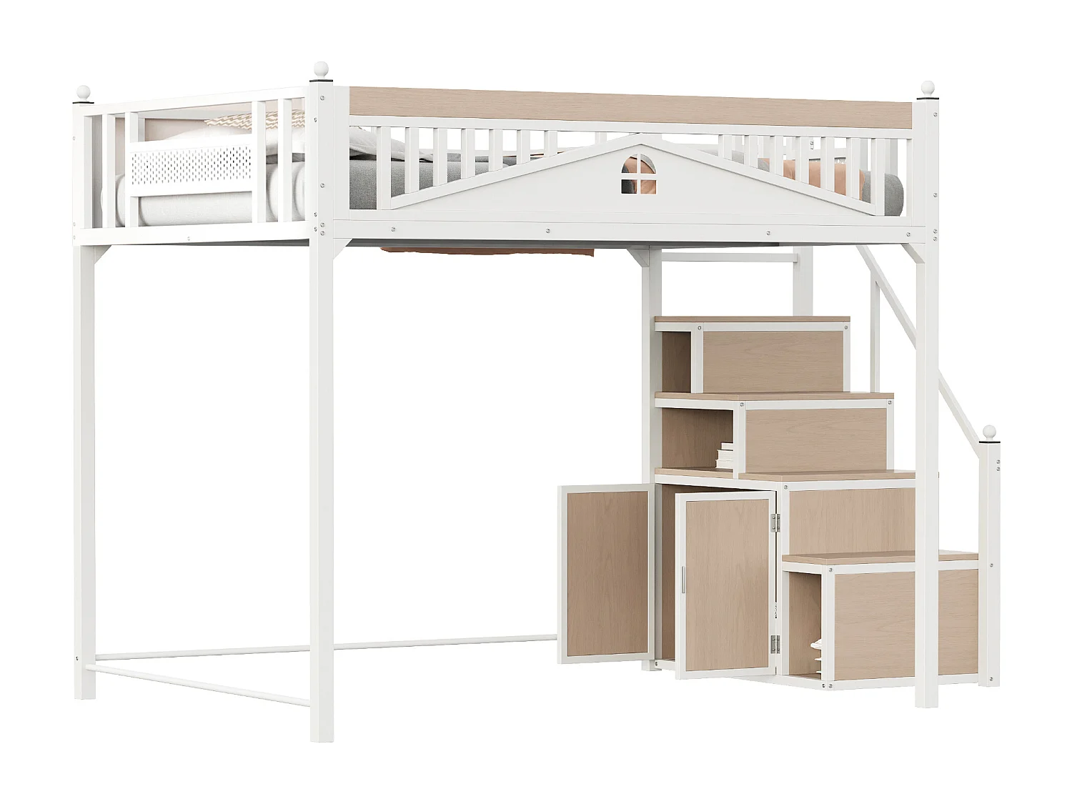 Metall-Hochbett 140x200 cm - mit Aufstiegsleiter mit Stauraum - Weiß (Matratze nicht inbegriffen)