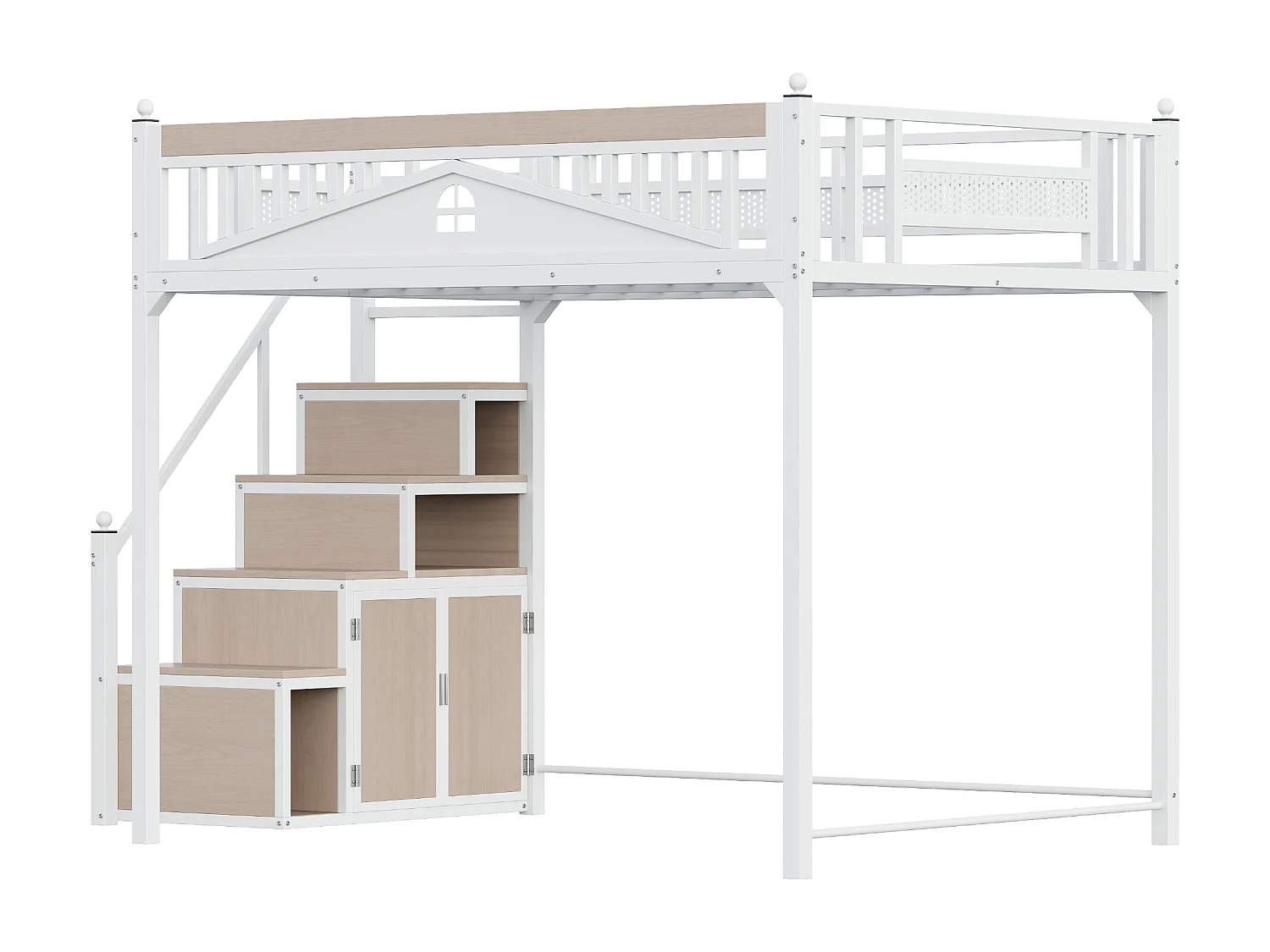 Metall-Hochbett 140x200 cm - mit Aufstiegsleiter mit Stauraum - Weiß (Matratze nicht inbegriffen)
