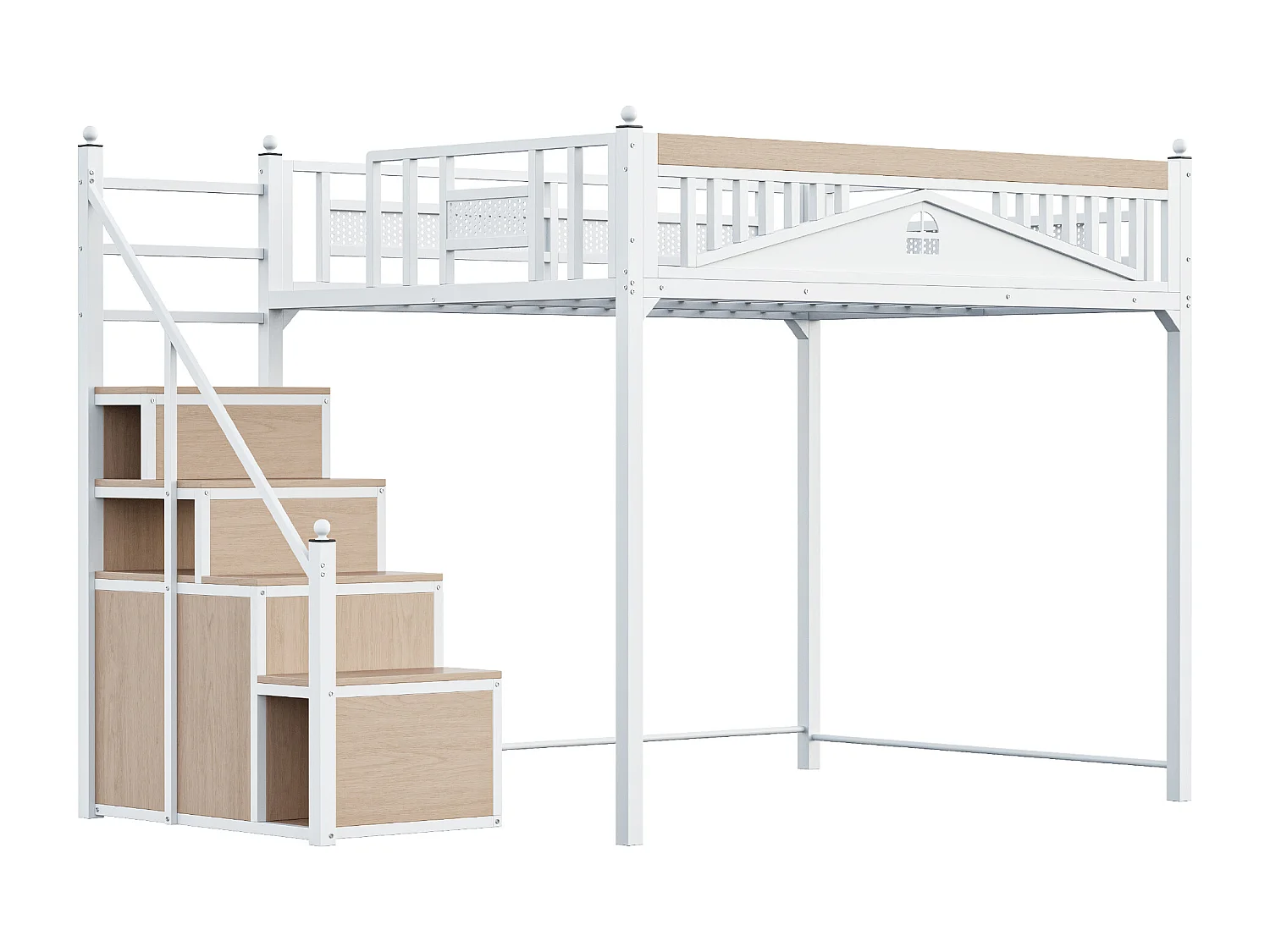Metall-Hochbett 140x200 cm - mit Aufstiegsleiter mit Stauraum - Weiß (Matratze nicht inbegriffen)