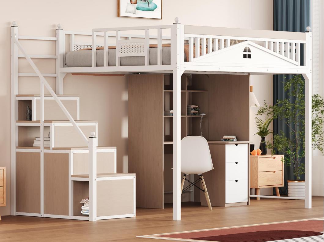 Letto soppalco in metallo 140x200 cm - con scala contenitore - Bianco (materasso non incluso)