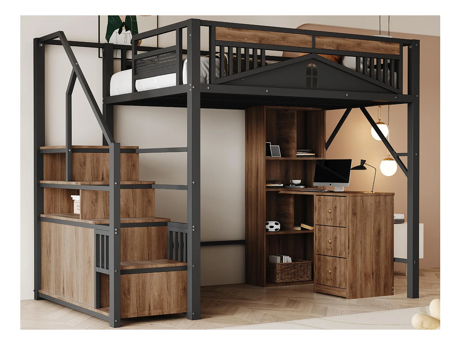 Lit mezzanine en métal 140x200cm - avec échelle de rangement - Noir (matelas non inclus)