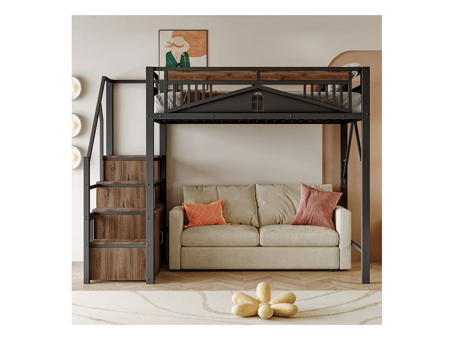 Lit mezzanine en métal 140x200cm - avec échelle de rangement - Noir (matelas non inclus)