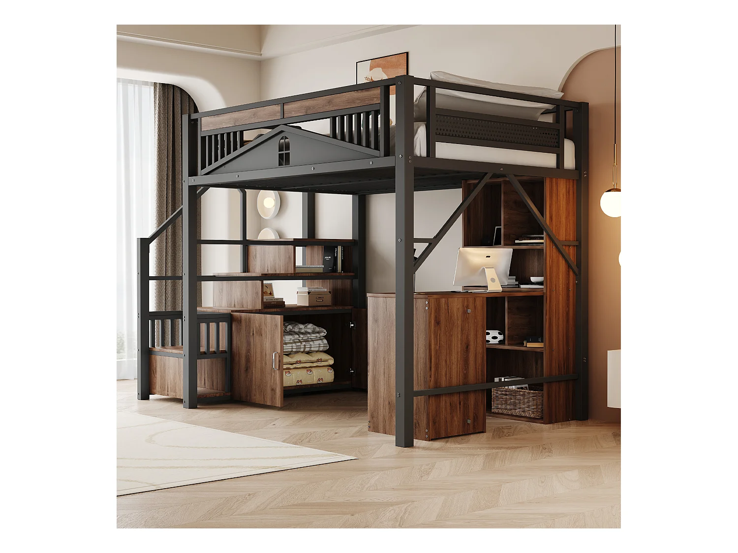 Lit mezzanine en métal 140x200cm - avec échelle de rangement - Noir (matelas non inclus)