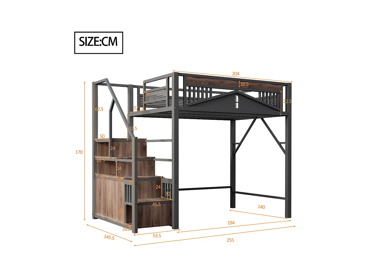 Lit mezzanine en métal 140x200cm - avec échelle de rangement - Noir (matelas non inclus)