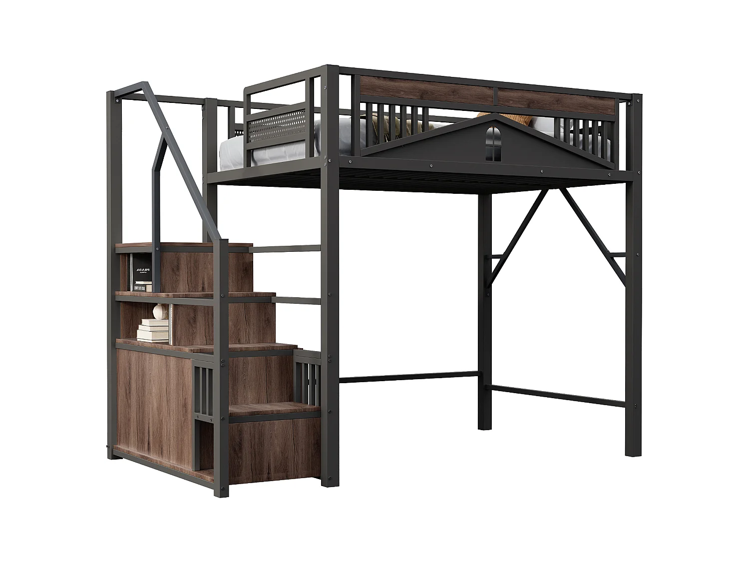 Lit mezzanine en métal 140x200cm - avec échelle de rangement - Noir (matelas non inclus)