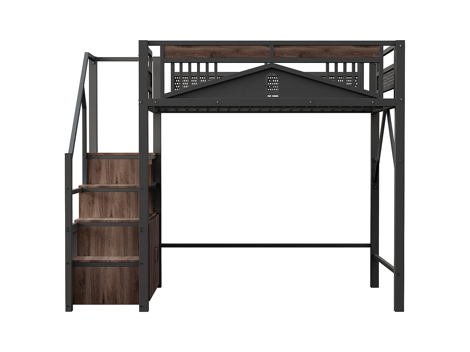 Lit mezzanine en métal 140x200cm - avec échelle de rangement - Noir (matelas non inclus)