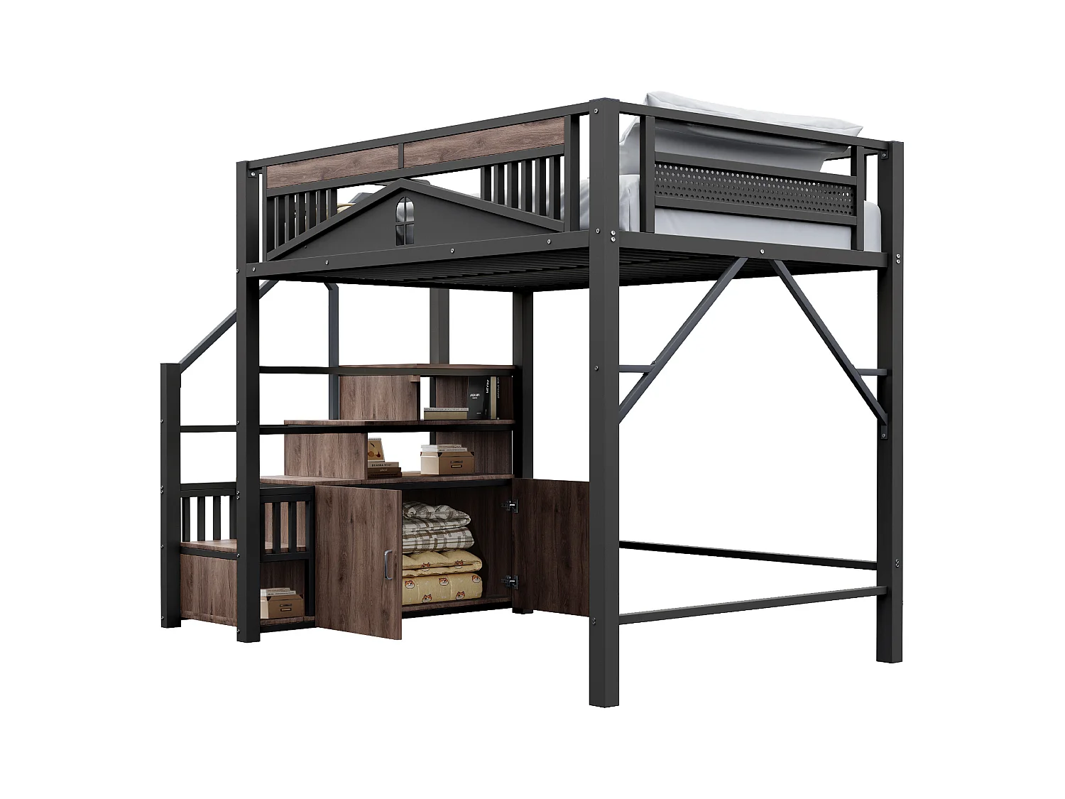 Lit mezzanine en métal 140x200cm - avec échelle de rangement - Noir (matelas non inclus)