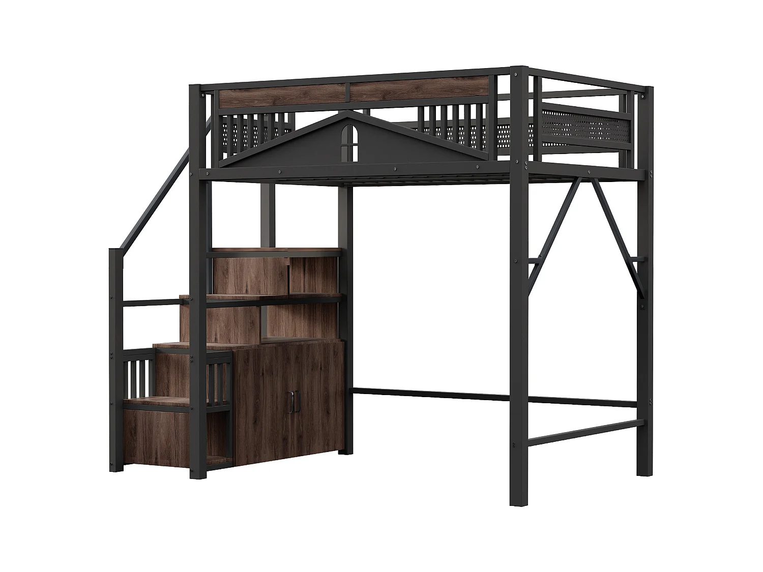 Lit mezzanine en métal 140x200cm - avec échelle de rangement - Noir (matelas non inclus)