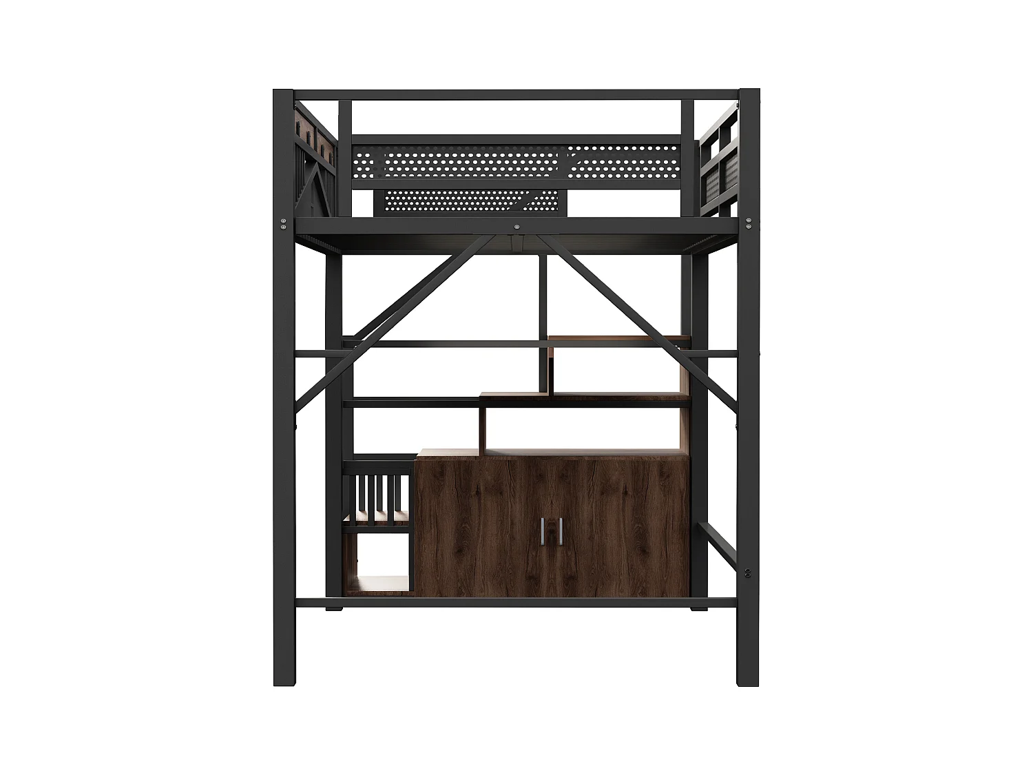 Lit mezzanine en métal 140x200cm - avec échelle de rangement - Noir (matelas non inclus)