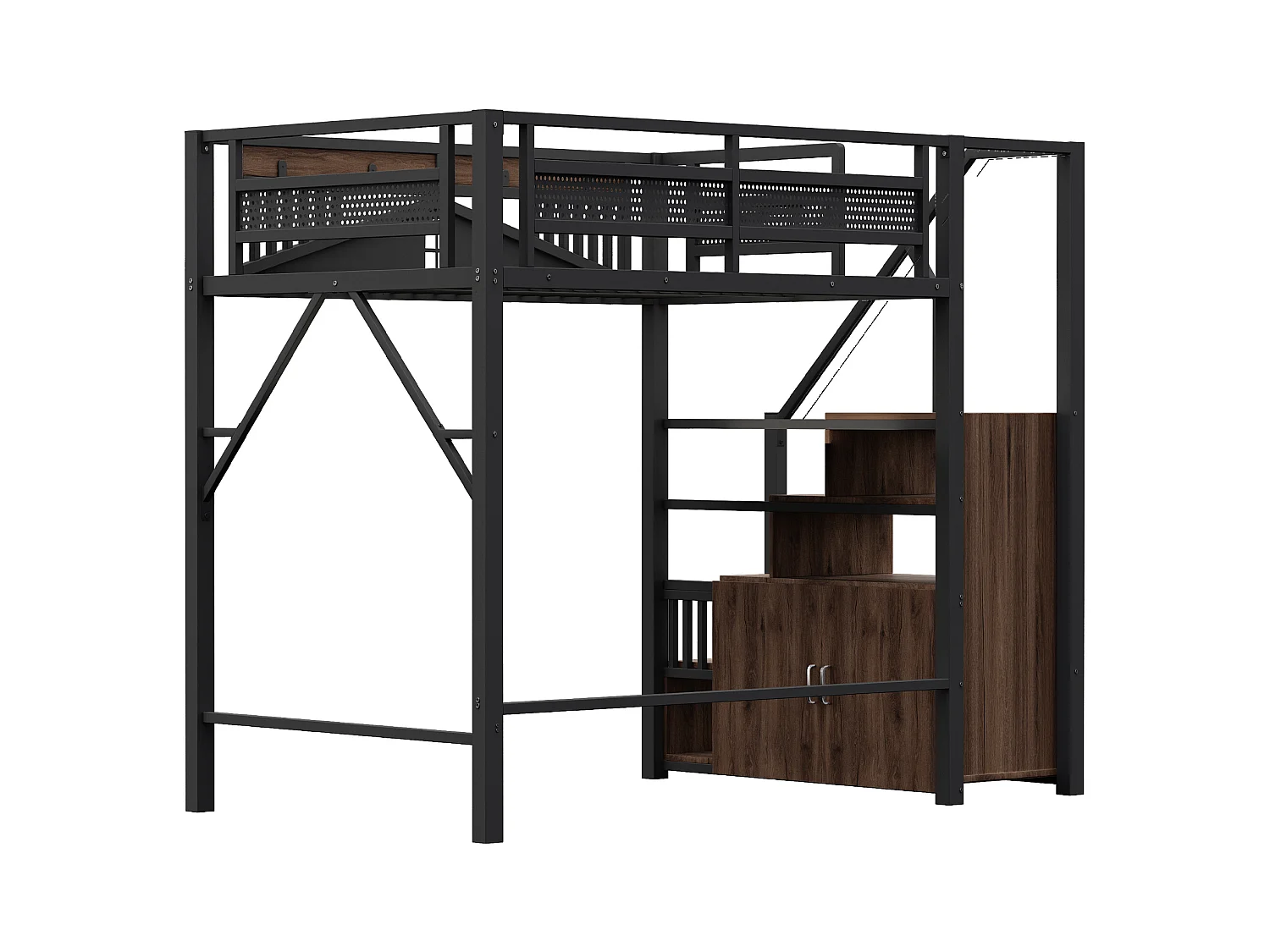 Lit mezzanine en métal 140x200cm - avec échelle de rangement - Noir (matelas non inclus)