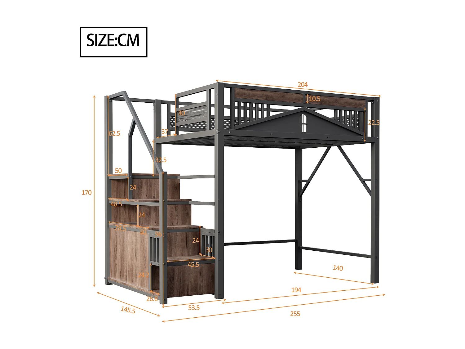 Metall-Hochbett 140x200 cm - mit Aufstiegsleiter mit Stauraum - Schwarz (Matratze nicht inbegriffen)