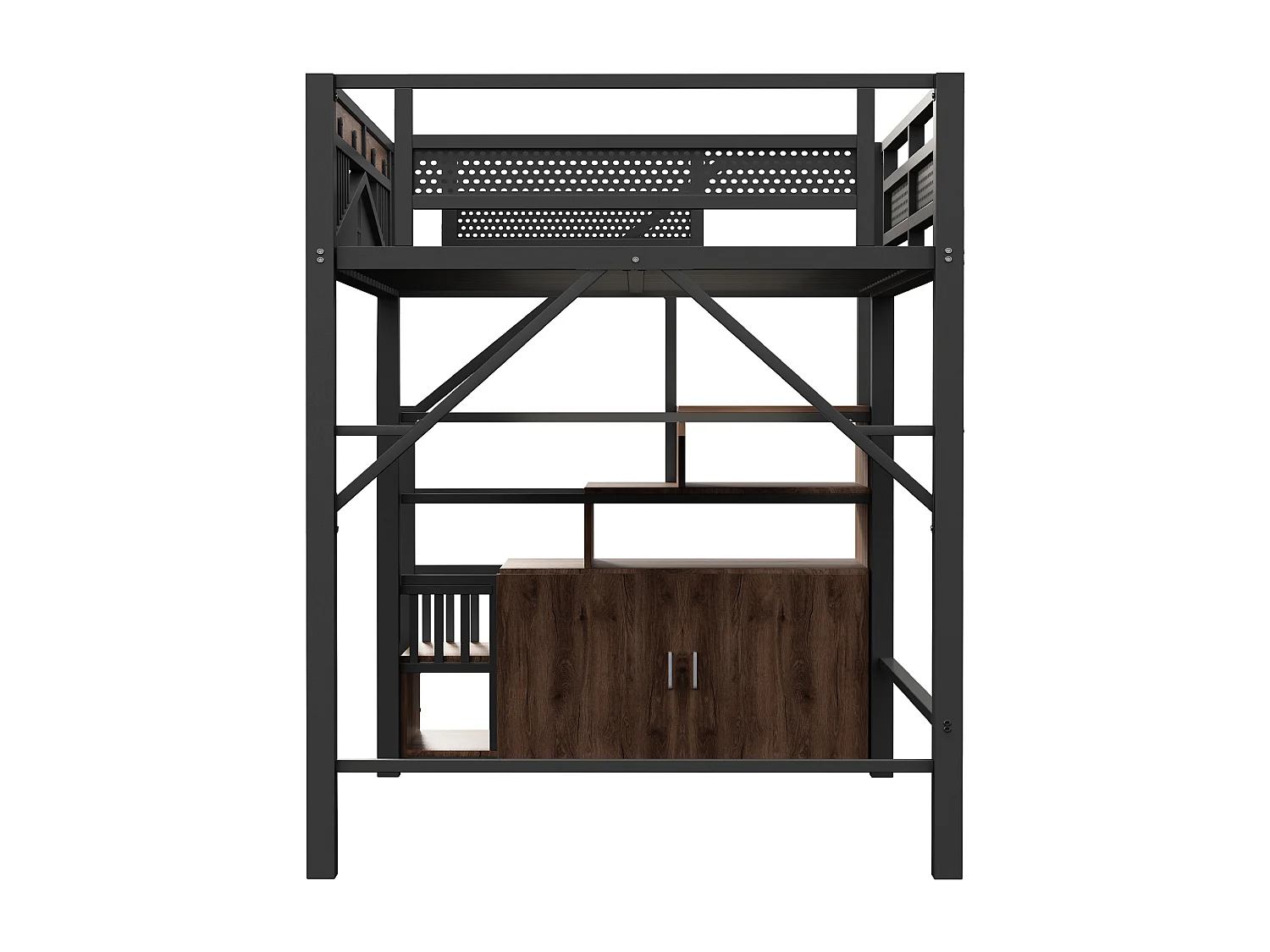 Metall-Hochbett 140x200 cm - mit Aufstiegsleiter mit Stauraum - Schwarz (Matratze nicht inbegriffen)