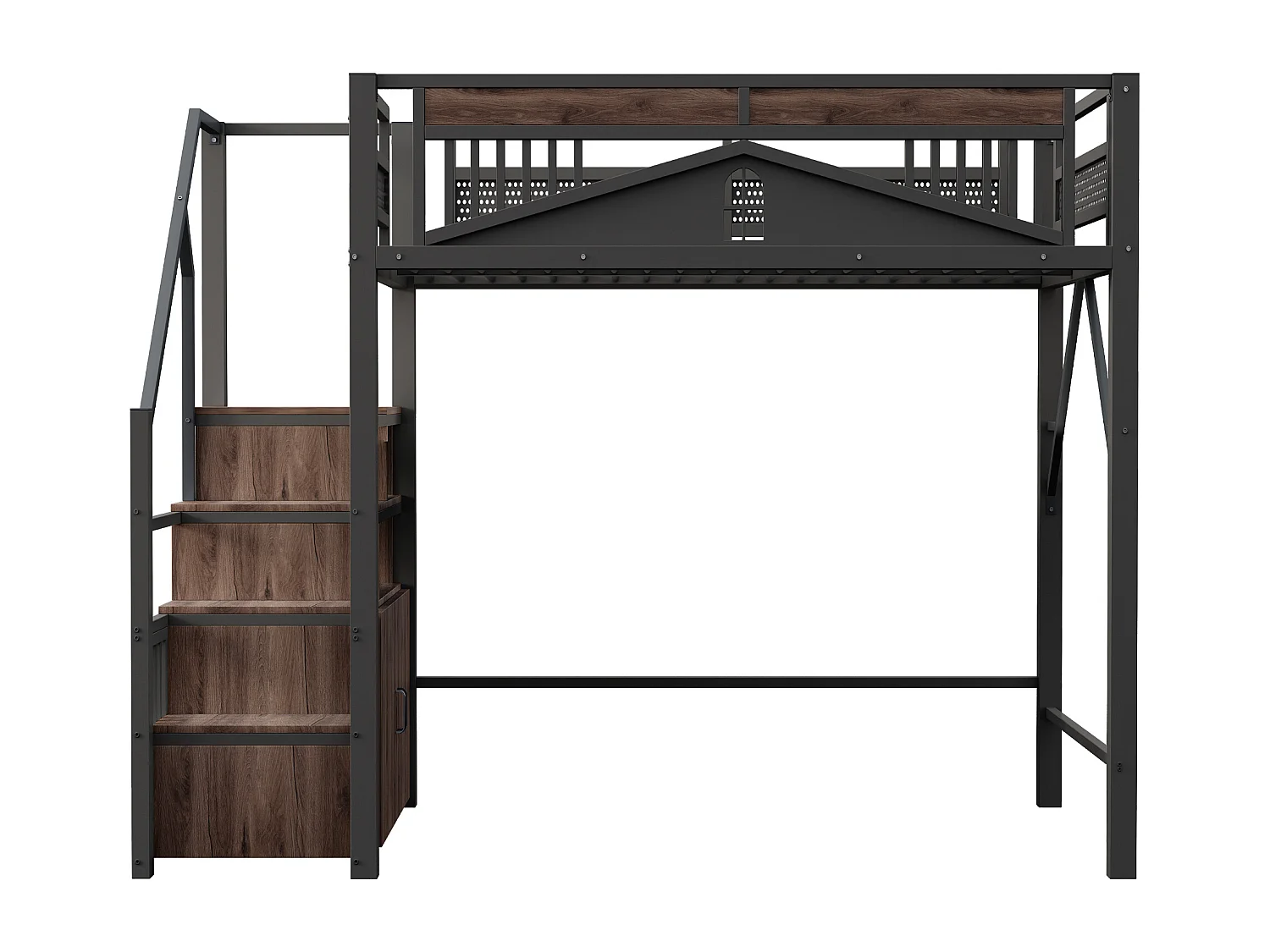 Metall-Hochbett 140x200 cm - mit Aufstiegsleiter mit Stauraum - Schwarz (Matratze nicht inbegriffen)