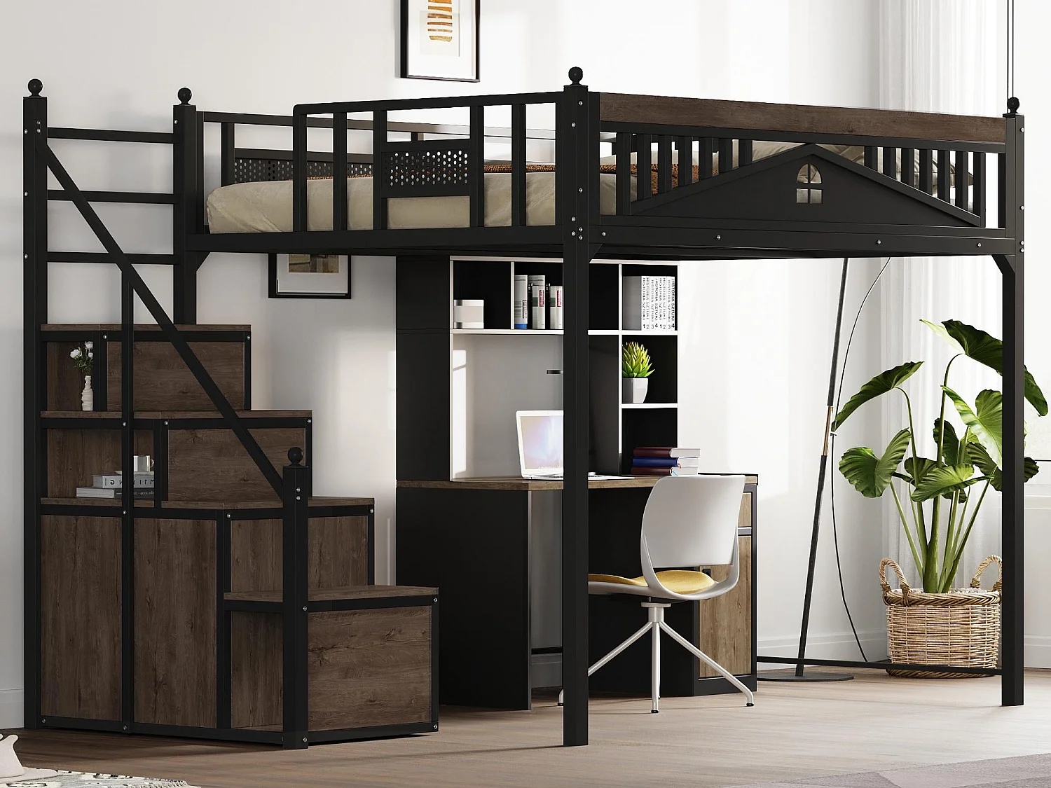 Metall-Hochbett 140x200 cm - mit Aufstiegsleiter mit Stauraum - Schwarz (Matratze nicht inbegriffen)