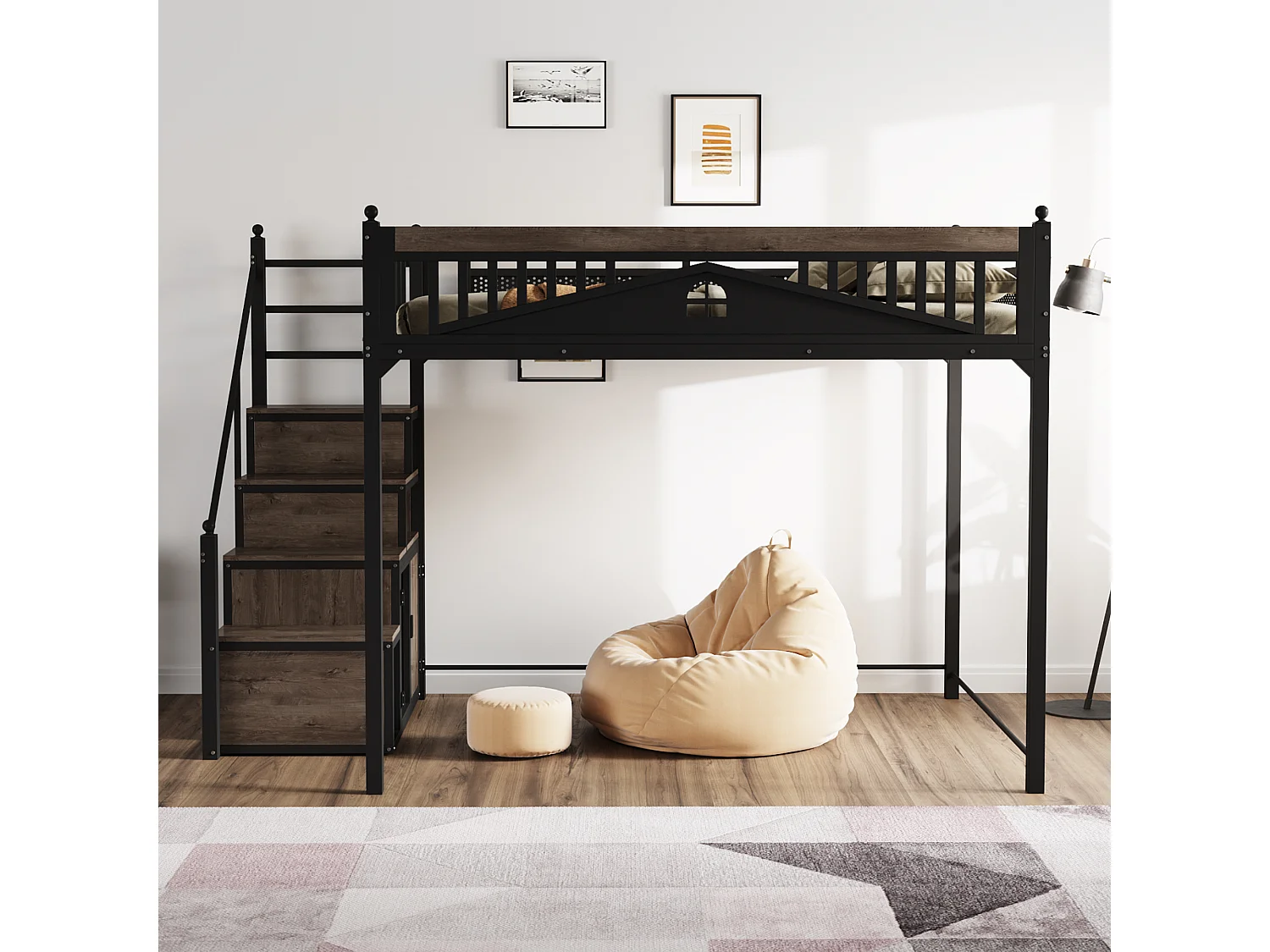 Metall-Hochbett 140x200 cm - mit Aufstiegsleiter mit Stauraum - Schwarz (Matratze nicht inbegriffen)