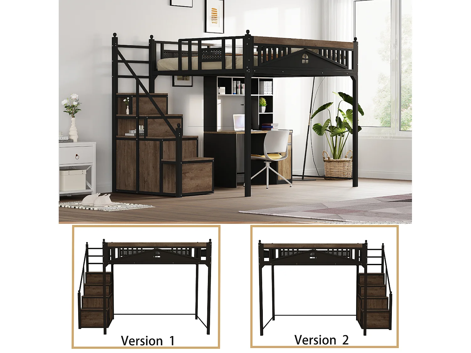Metall-Hochbett 140x200 cm - mit Aufstiegsleiter mit Stauraum - Schwarz (Matratze nicht inbegriffen)