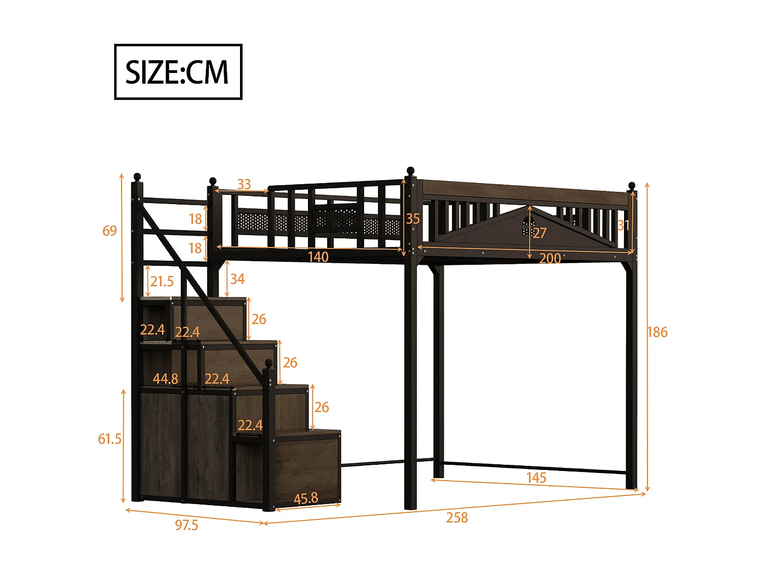 Metall-Hochbett 140x200 cm - mit Aufstiegsleiter mit Stauraum - Schwarz (Matratze nicht inbegriffen)