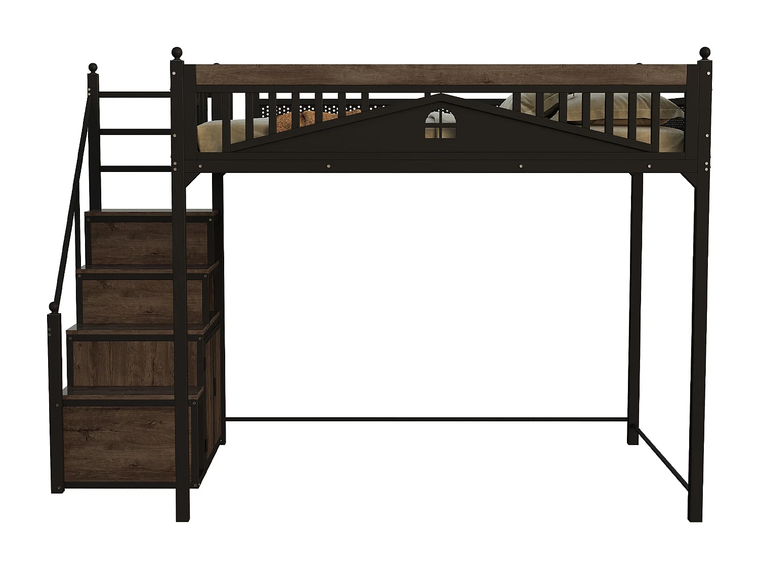Metall-Hochbett 140x200 cm - mit Aufstiegsleiter mit Stauraum - Schwarz (Matratze nicht inbegriffen)