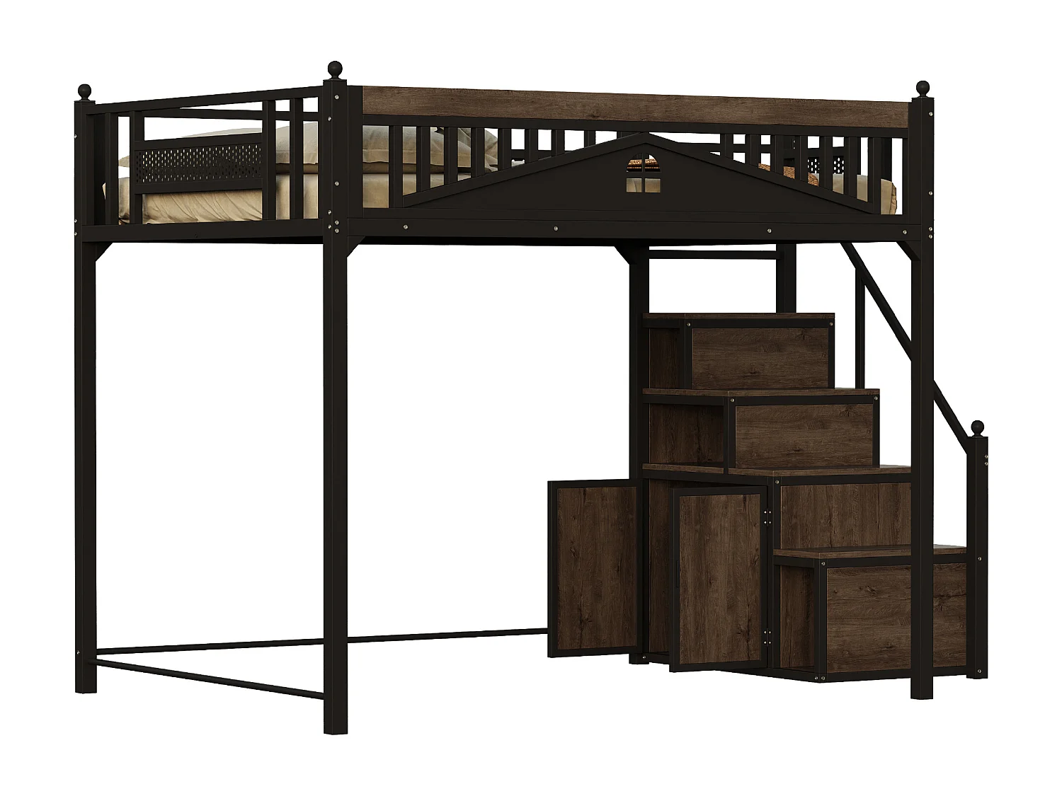 Metall-Hochbett 140x200 cm - mit Aufstiegsleiter mit Stauraum - Schwarz (Matratze nicht inbegriffen)