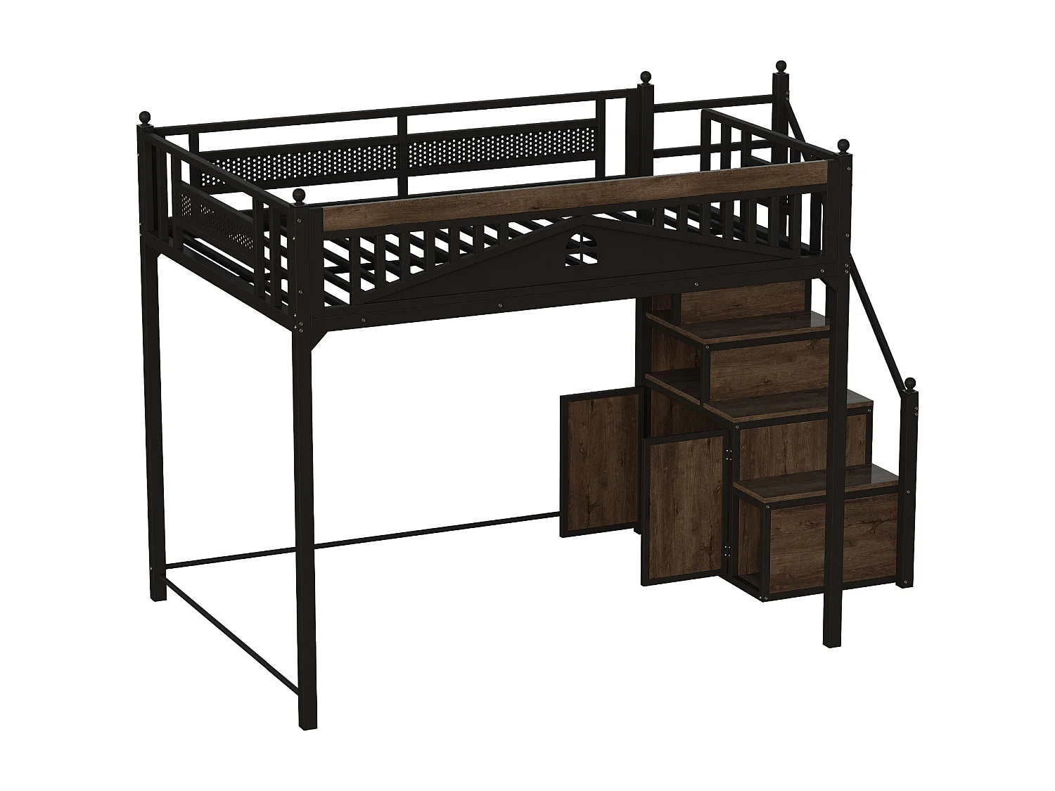 Metall-Hochbett 140x200 cm - mit Aufstiegsleiter mit Stauraum - Schwarz (Matratze nicht inbegriffen)