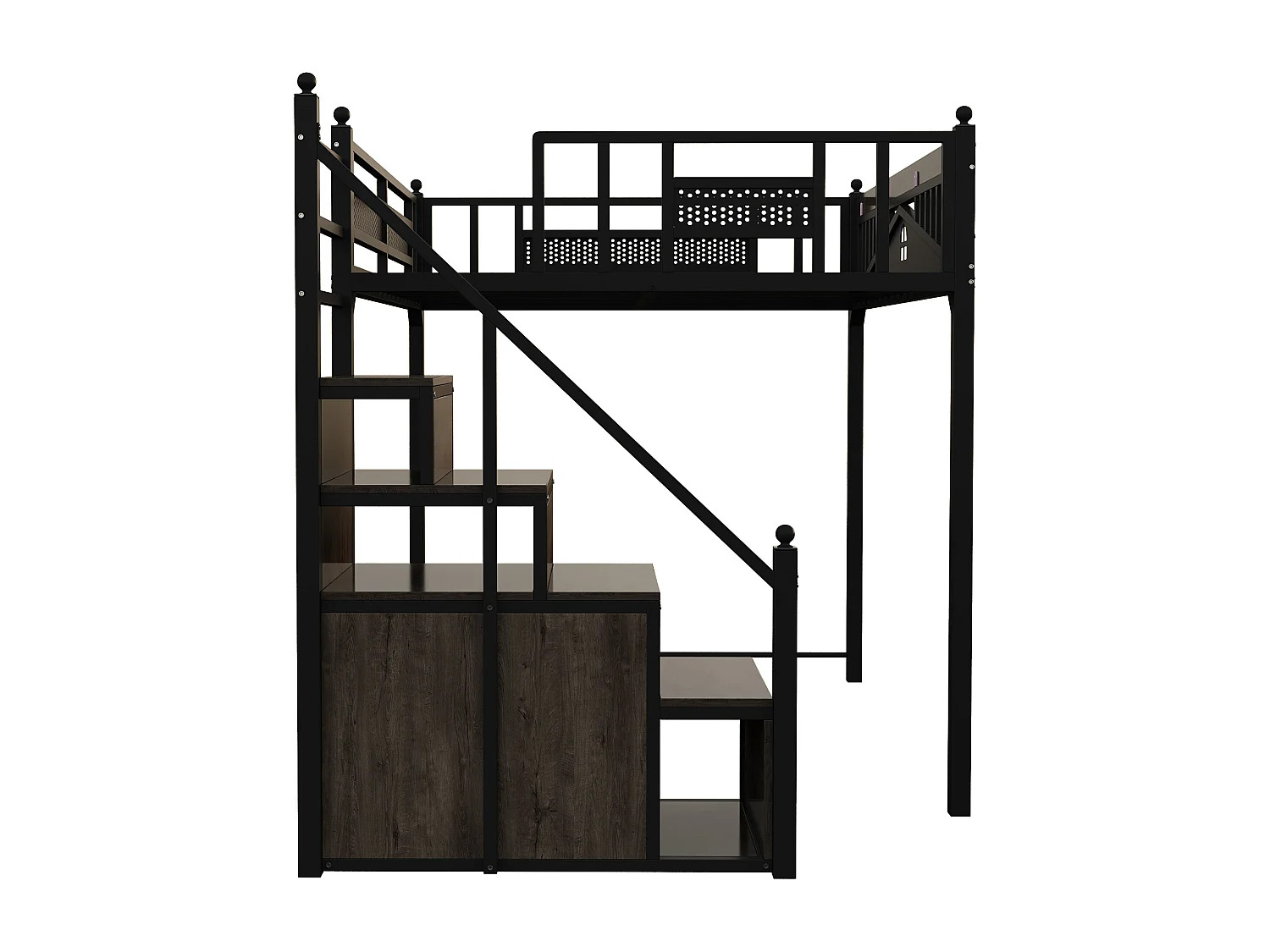 Metall-Hochbett 140x200 cm - mit Aufstiegsleiter mit Stauraum - Schwarz (Matratze nicht inbegriffen)