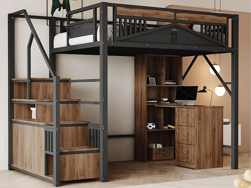 Lit mezzanine en métal 140x200cm - avec échelle de rangement - Noir (matelas non inclus)