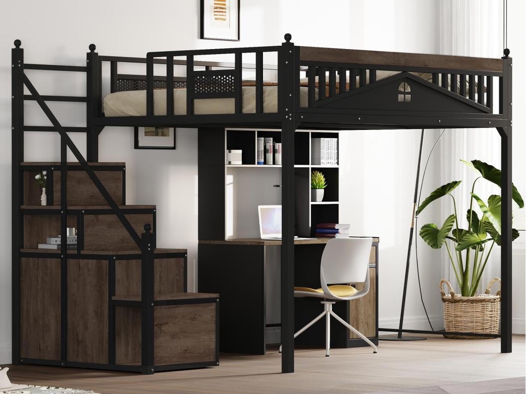Letto soppalco in metallo 140x200 cm - con scala contenitore - Nero (materasso non incluso)