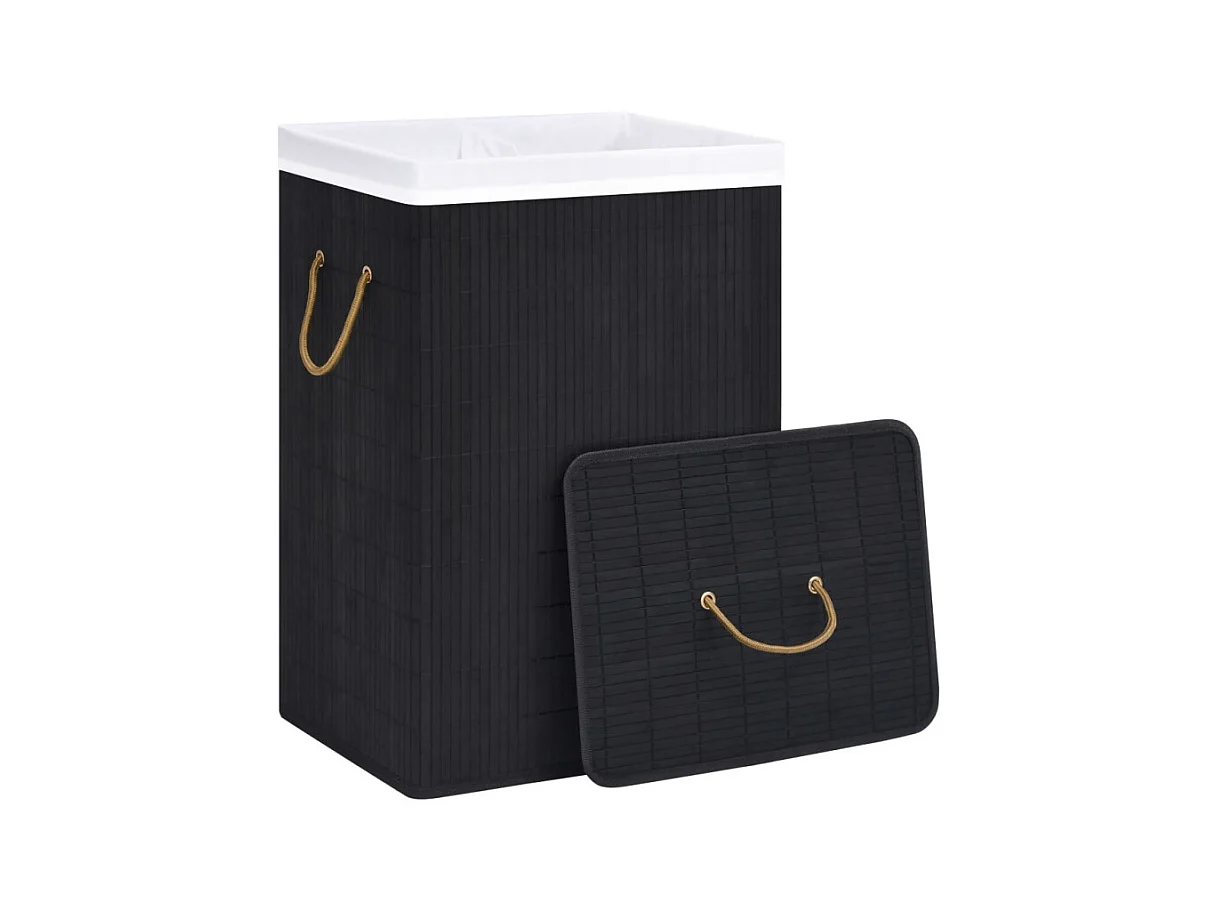 Cesto de Roupa Suja de Bambu Preto com 2 Secções e 72 Litros