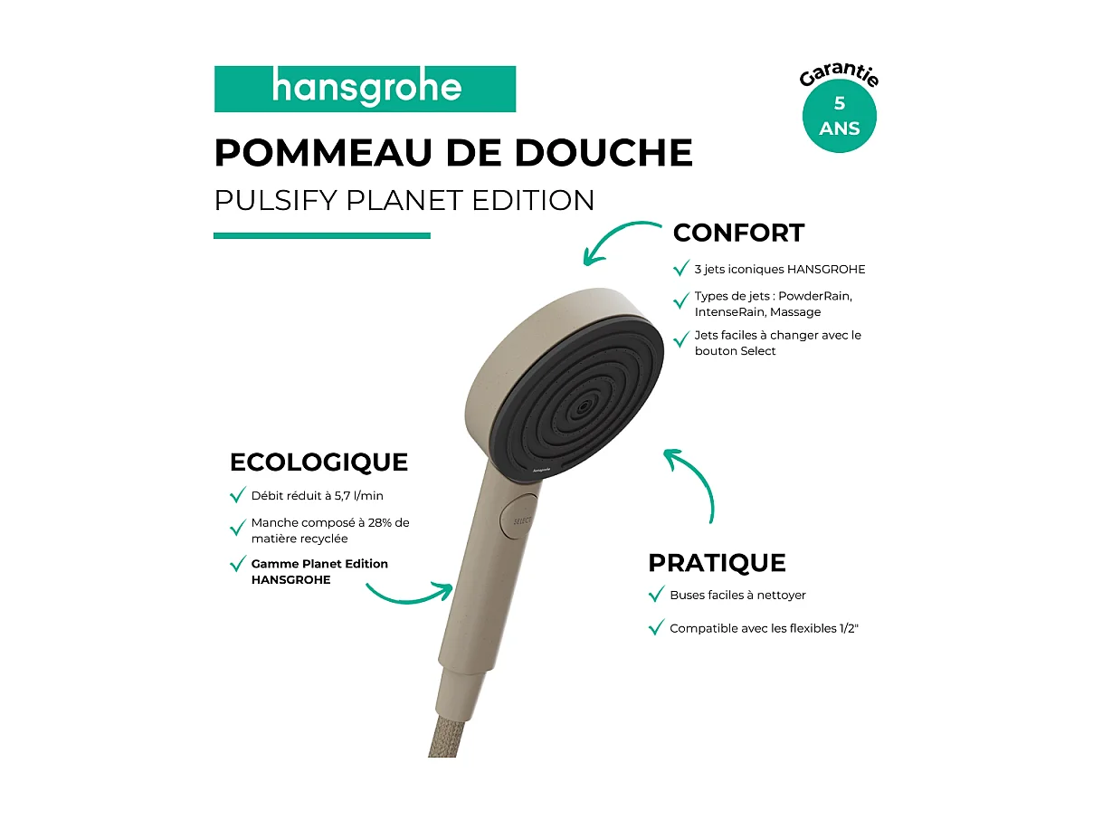 Pommeau de douche HANSGROHE Pulsify Planet Edition 3jets relaxation Sable