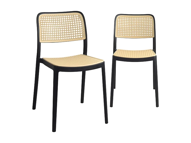 Lot de 2 chaises de cuisine empilables YAO, imitation rotin noir et beige