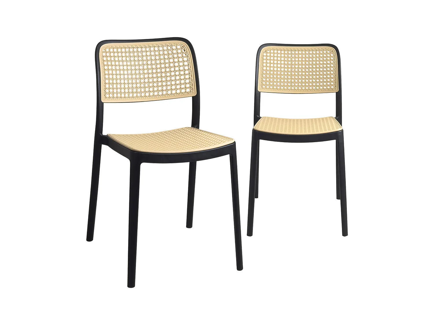 Lot de 2 chaises de cuisine empilables YAO, imitation rotin noir et beige