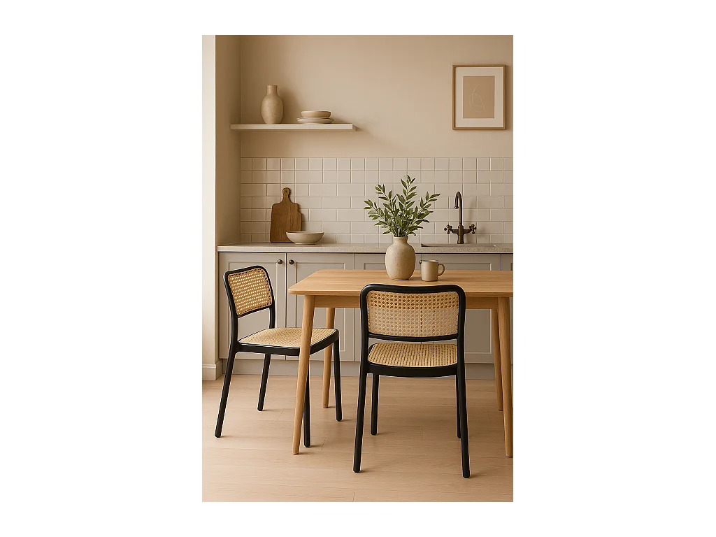 Lot de 2 chaises de cuisine empilables YAO, imitation rotin noir et beige
