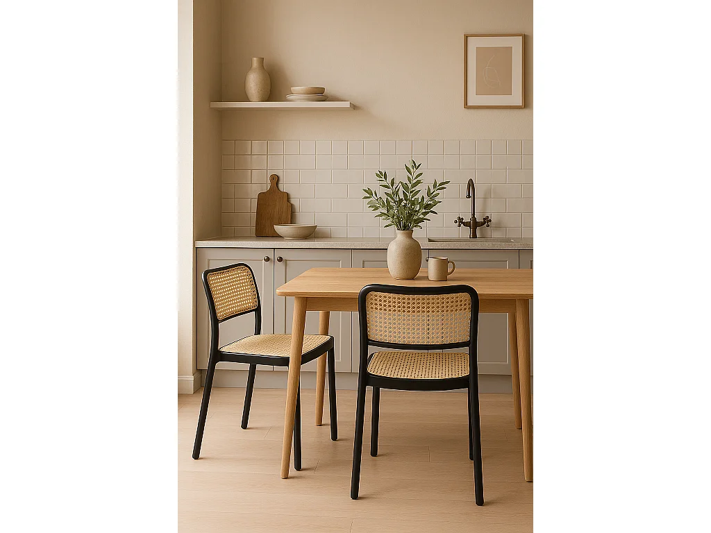 Lote de 2 sillas de cocina apilables Yao – Imitación ratán negro y beige