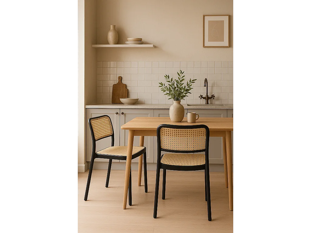 Lote de 2 sillas de cocina apilables Yao – Imitación ratán negro y beige