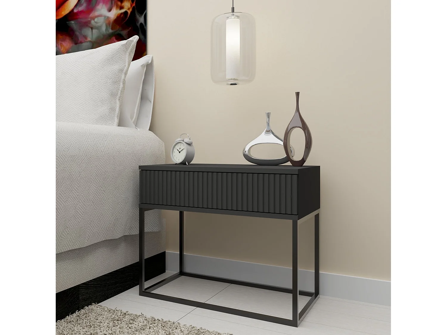Table de chevet RECTUS anthracite, dimensions 39x52x60 cm, grand espace de rangement