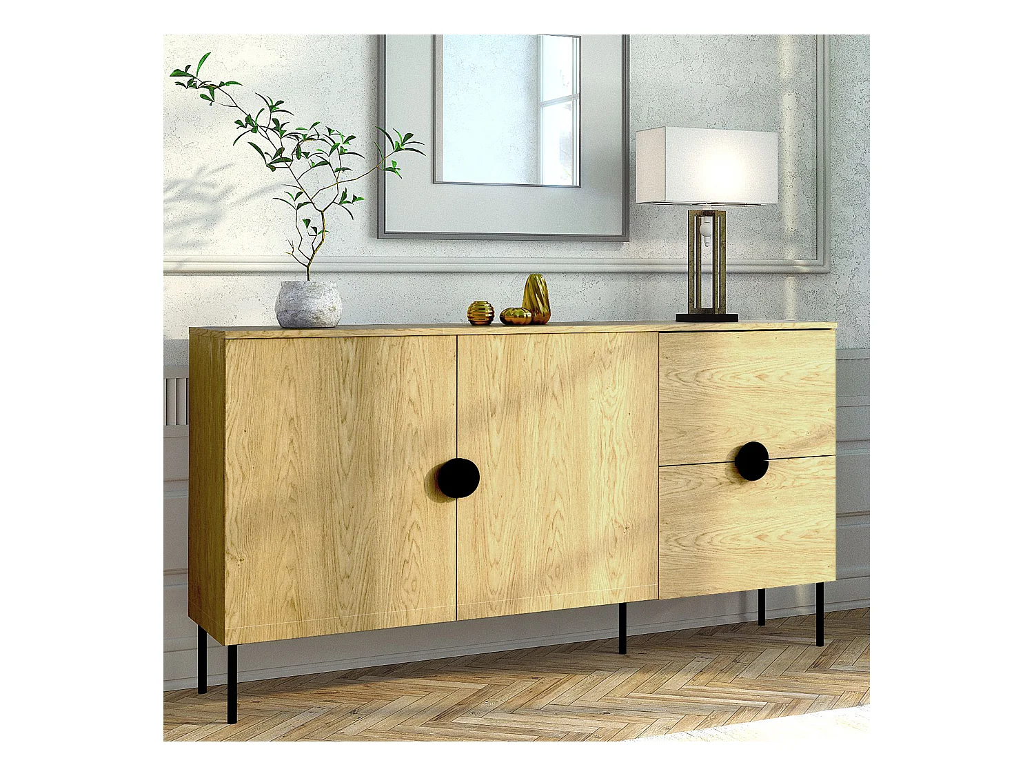 Commode VIDIS noir et naturelle claire, dimensions 160x88x40 cm, design élégant