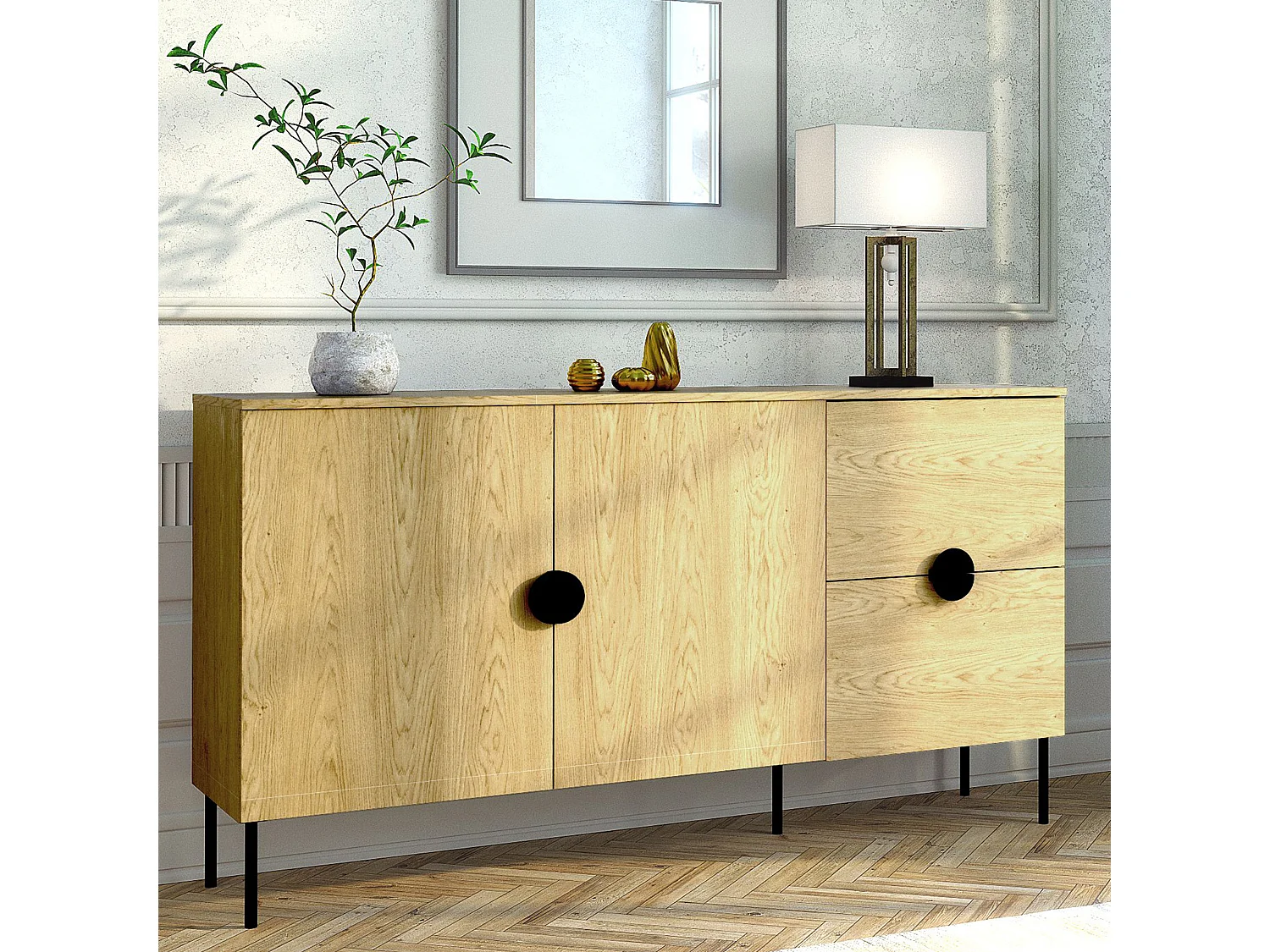 Commode VIDIS noir et naturelle claire, dimensions 160x88x40 cm, design élégant