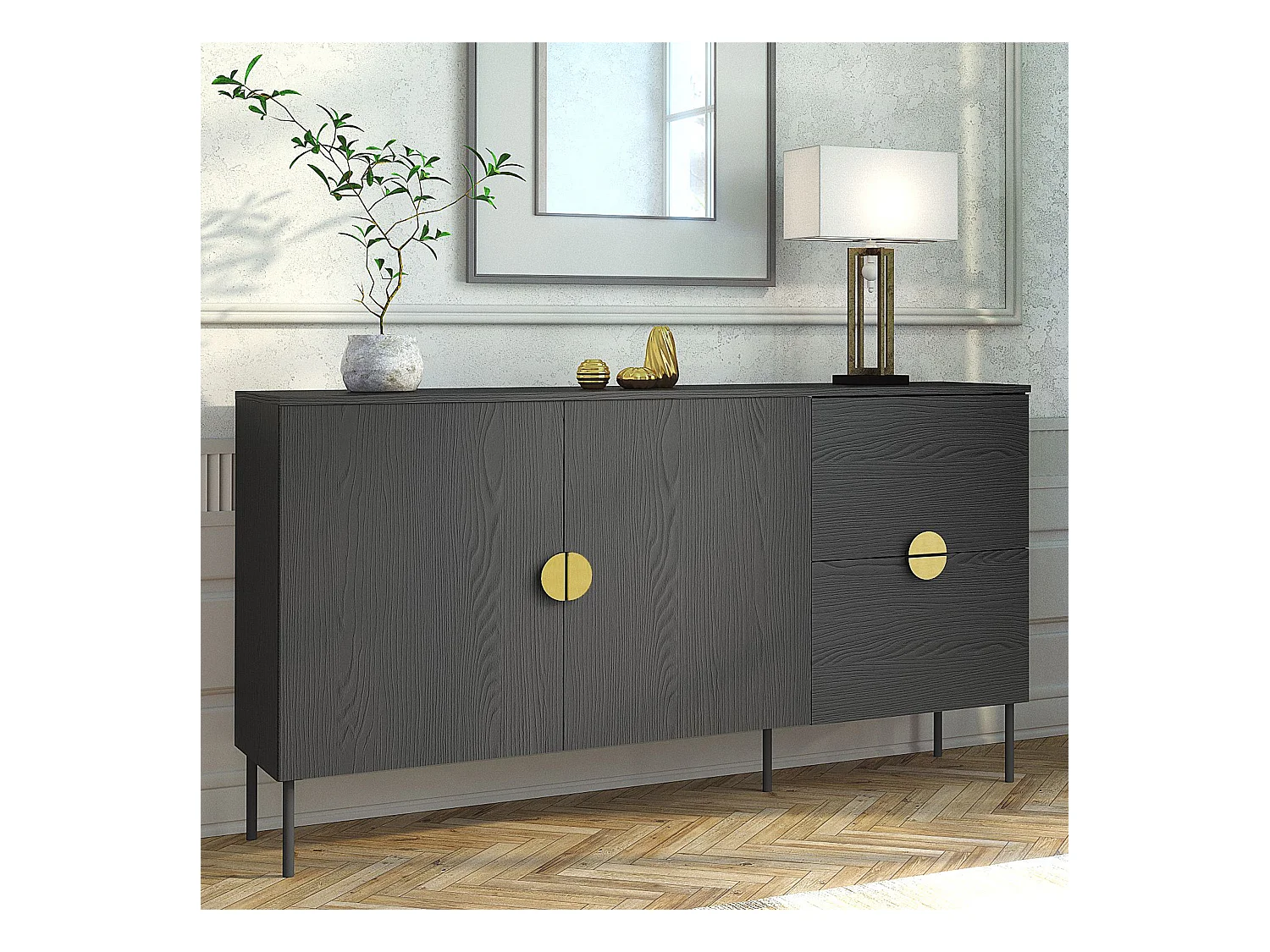 Commode VIDIS noir, dimensions 160x88x40 cm, grand espace de rangement