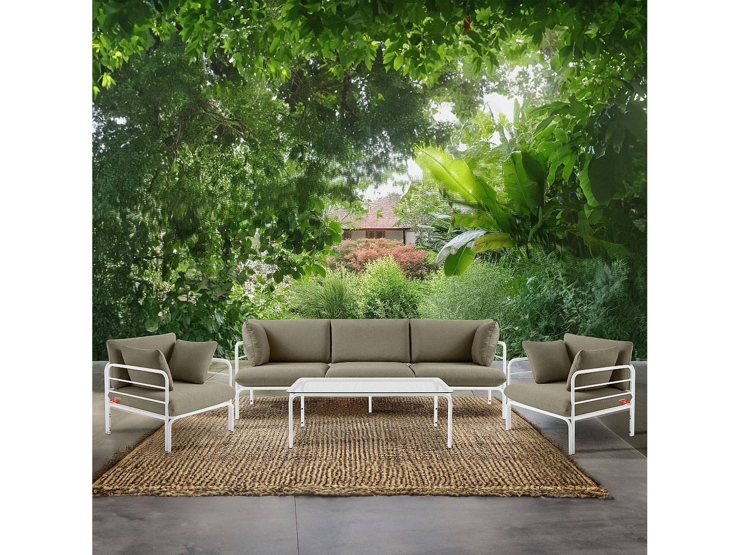 Gartensessel RAMBE weiß und beige, Maße 79x80x80 cm, perfekt für den Außenbereich