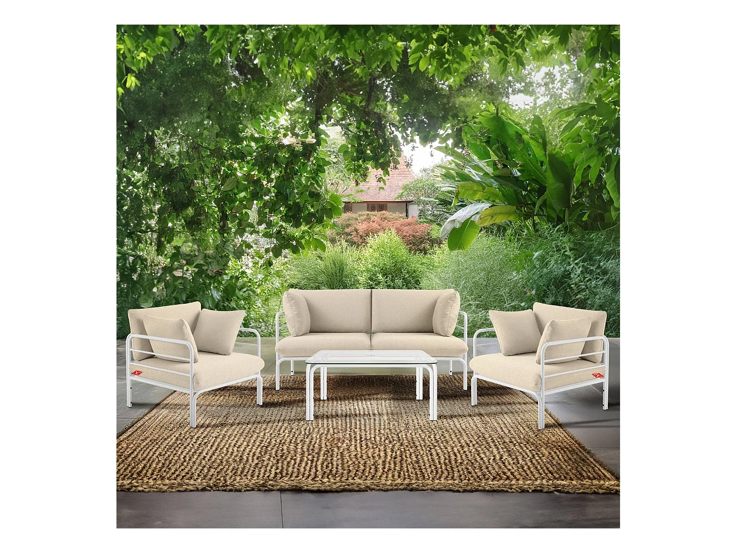 Canapé de jardin RAMBE blanc et blanc cassé, dimensions 150x80x80 cm, parfait pour terrasses