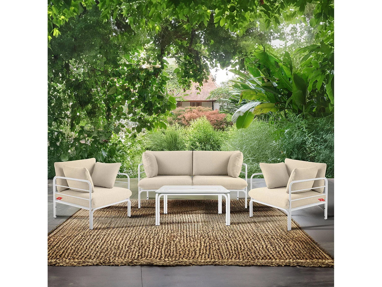 Canapé de jardin RAMBE blanc et blanc cassé, dimensions 150x80x80 cm, parfait pour terrasses