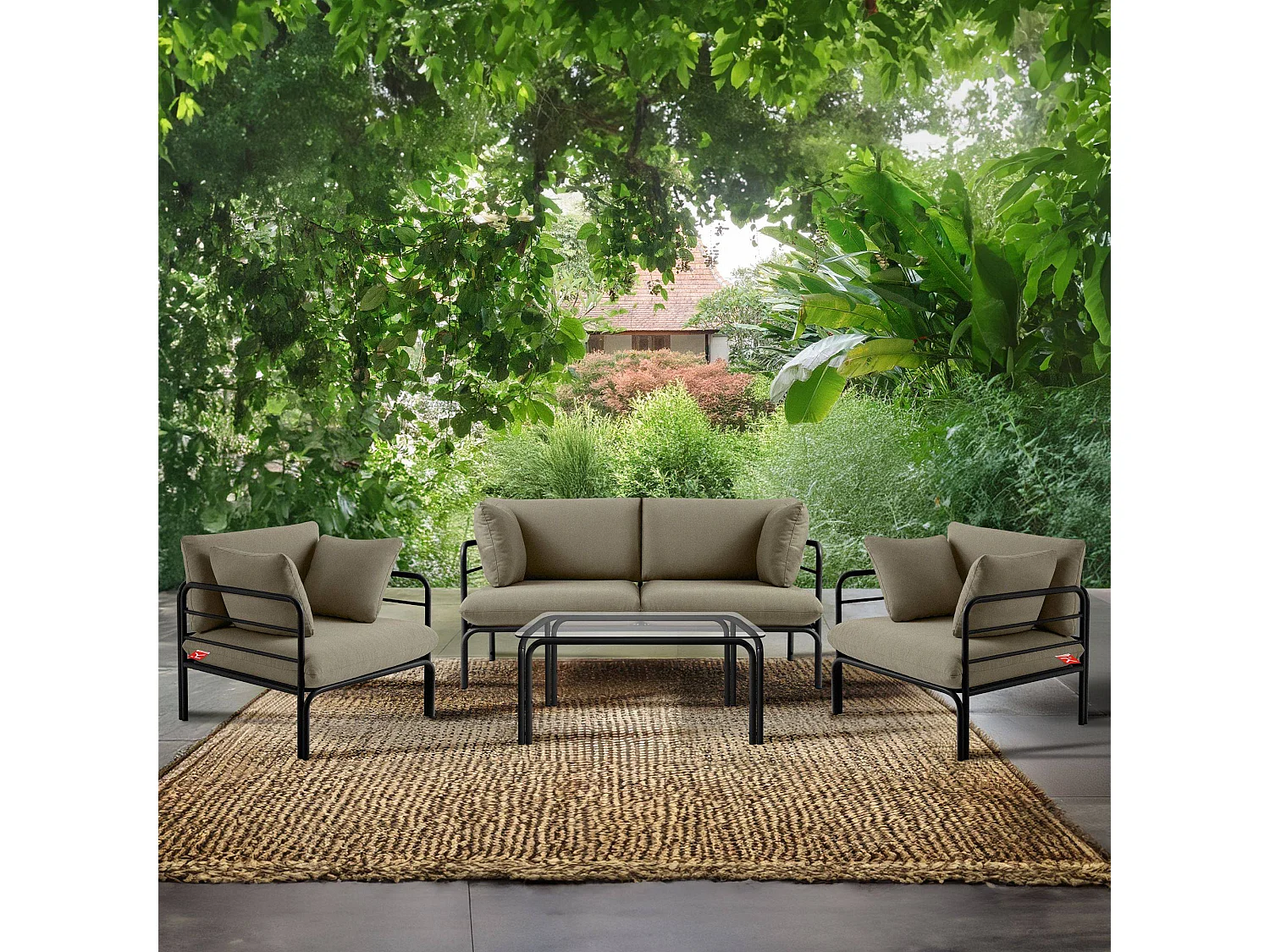 Canapé de jardin RAMBE anthracite et beige, dimensions 150x80x80 cm, design naturel
