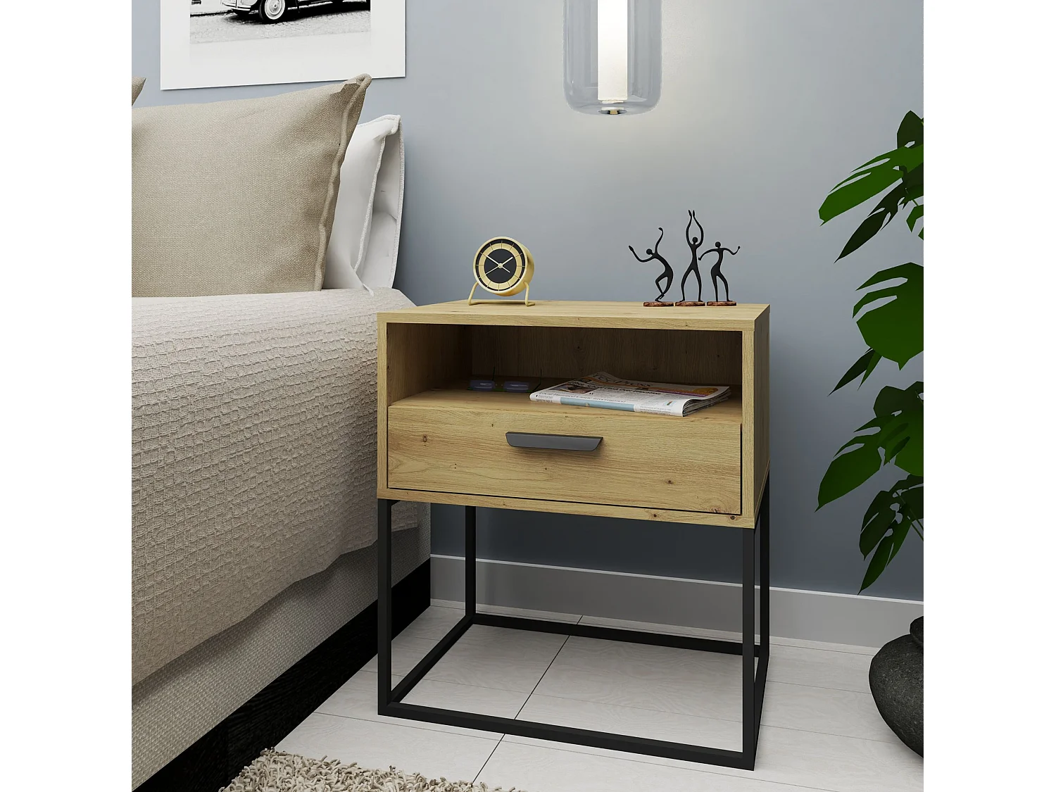 Table de chevet RECTUS couleur naturelle claire, dimensions 39x65x60 cm, style naturel