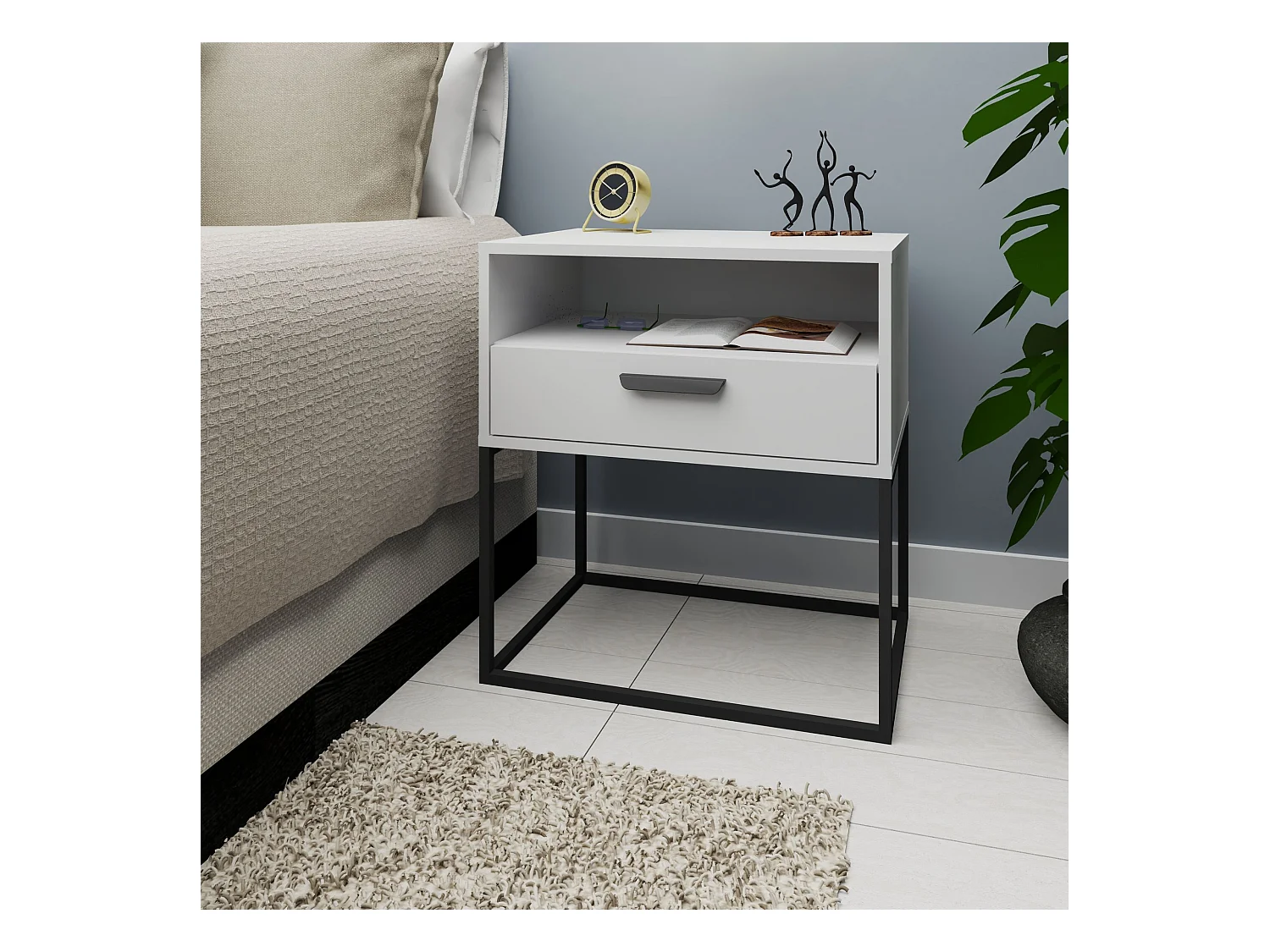 Table de chevet RECTUS blanc, dimensions 39x65x60 cm, parfait pour rangement