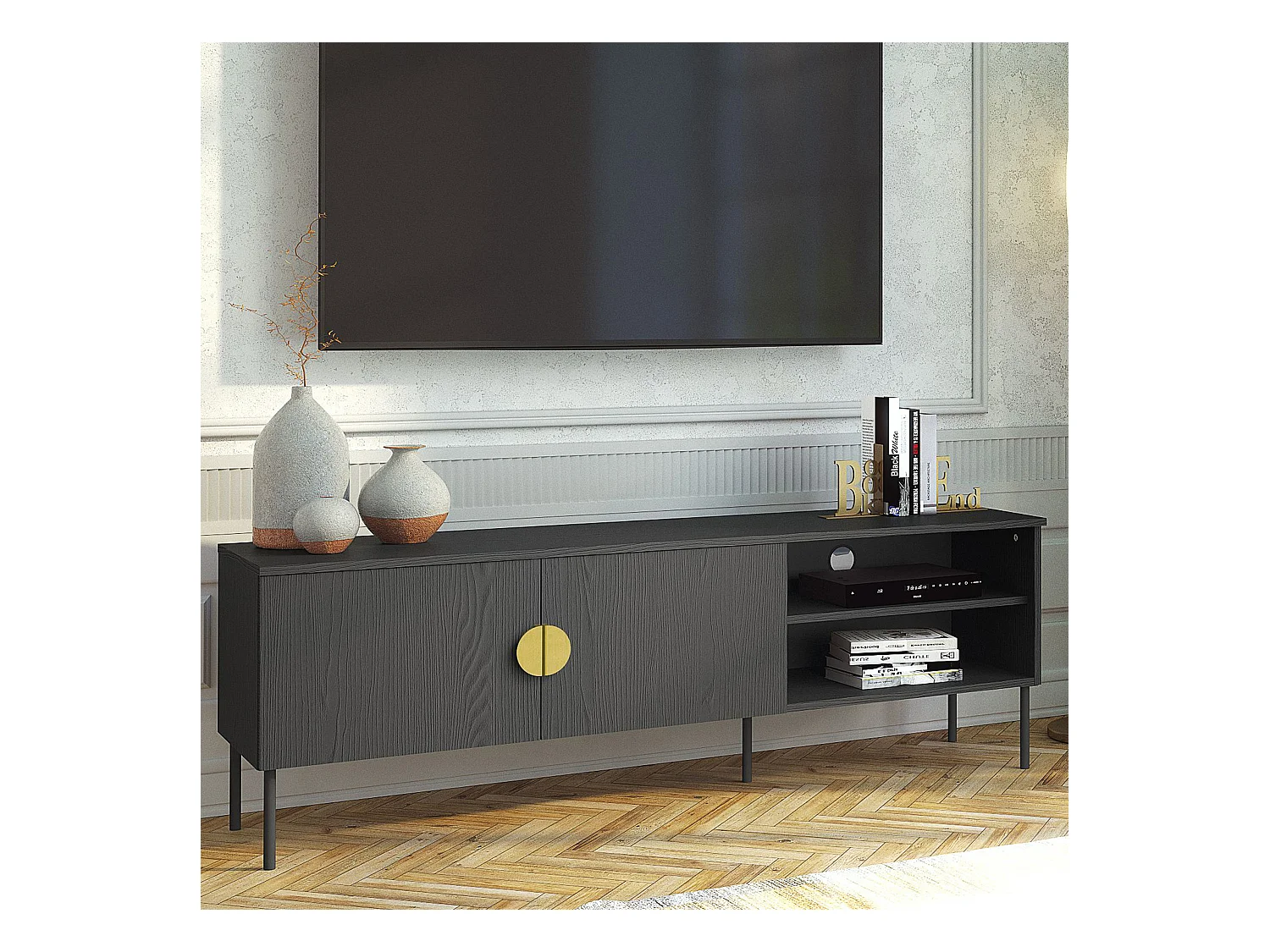 Meuble TV VIDIS noir, dimensions 160x54x40 cm, design contemporain