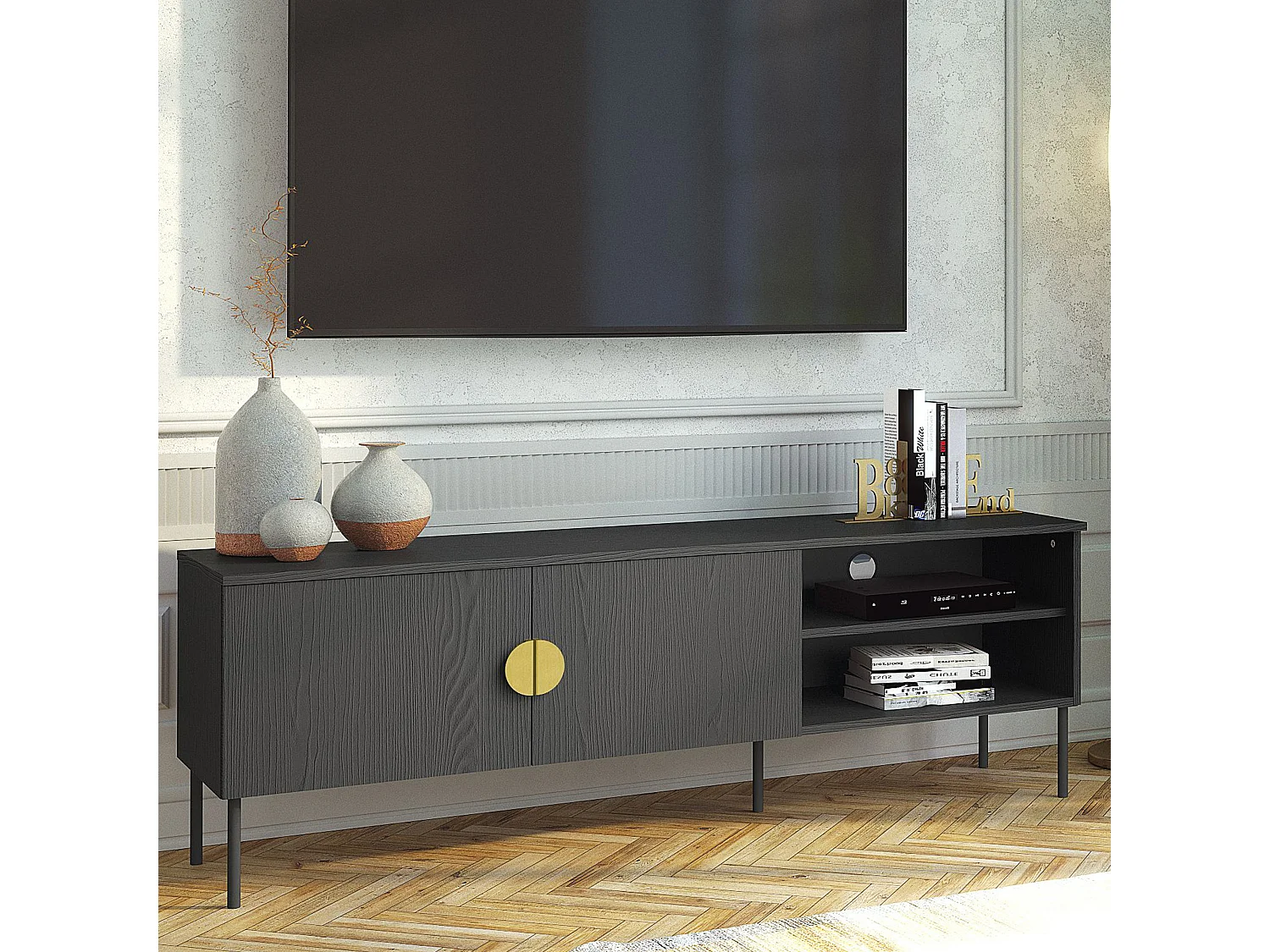 Meuble TV VIDIS noir, dimensions 160x54x40 cm, design contemporain