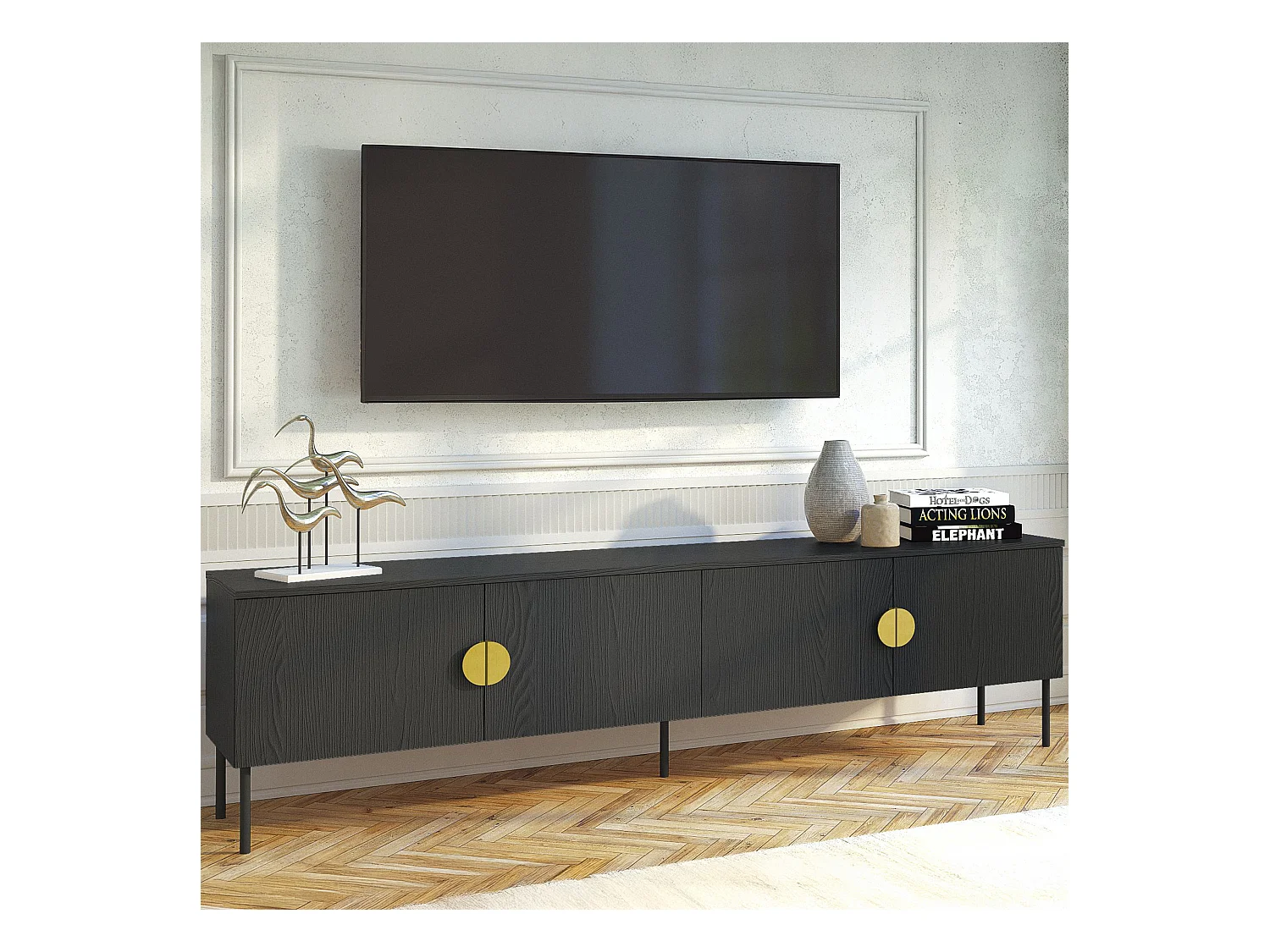 Meuble TV VIDIS noir, dimensions 200x54x40 cm, parfait pour grands écrans