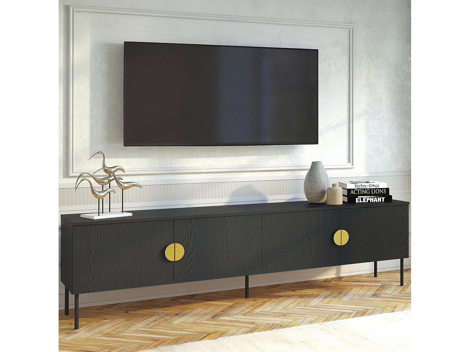 Meuble TV VIDIS noir, dimensions 200x54x40 cm, parfait pour grands écrans